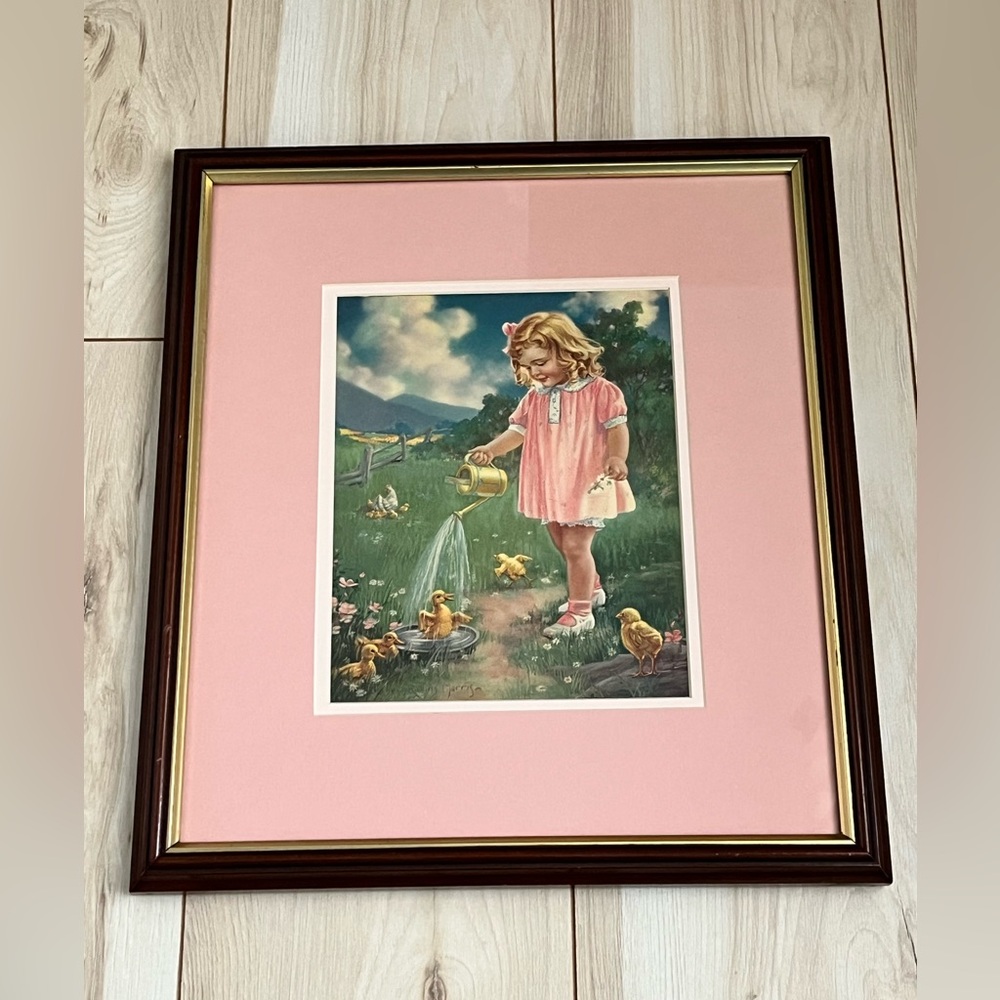 Vintage lithograph  "Watering the Baby Ducks"  by Mabel Rollins Harris